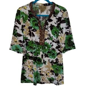 Peck & Peck Weekend Women's Floral Print Blouse Sequins V Neck 3/4 Sleeve Size S